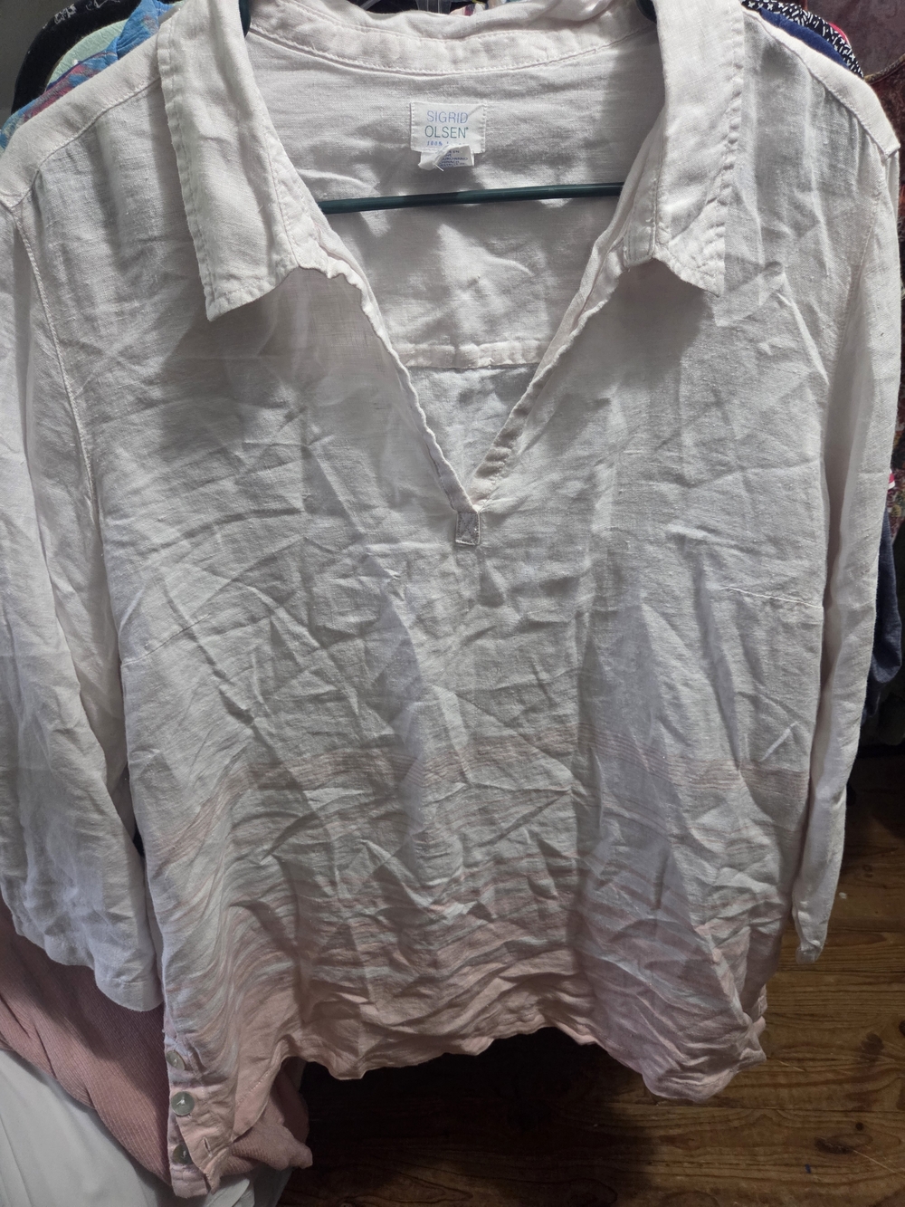 Sigrid Olsen White Pink Linen Shirt Size XL